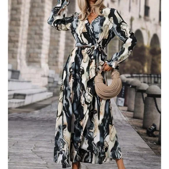 Belted Flounce Sleeve A-Line Marble Print maxi Dress - Picture 4 of 7